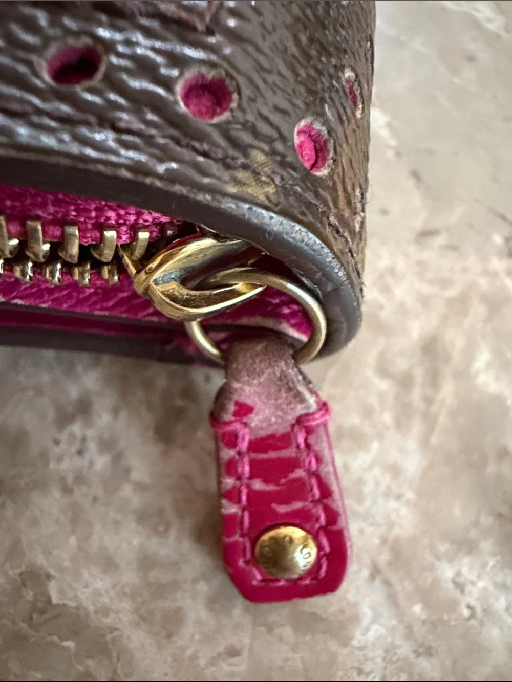 Louis Vuitton Auth Monogramed Perforated Compact Zipper Fuschia wallet /dustbag